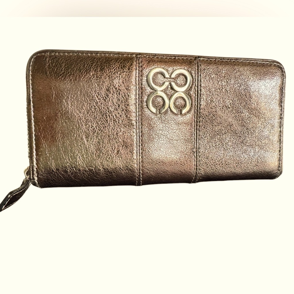 Coach Classic Metallic Silver and Purple Interior Leather Long Zip Wallet.